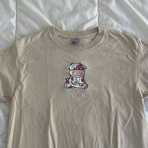 Tan Strawberry Cow Embroidered Tee Shirt